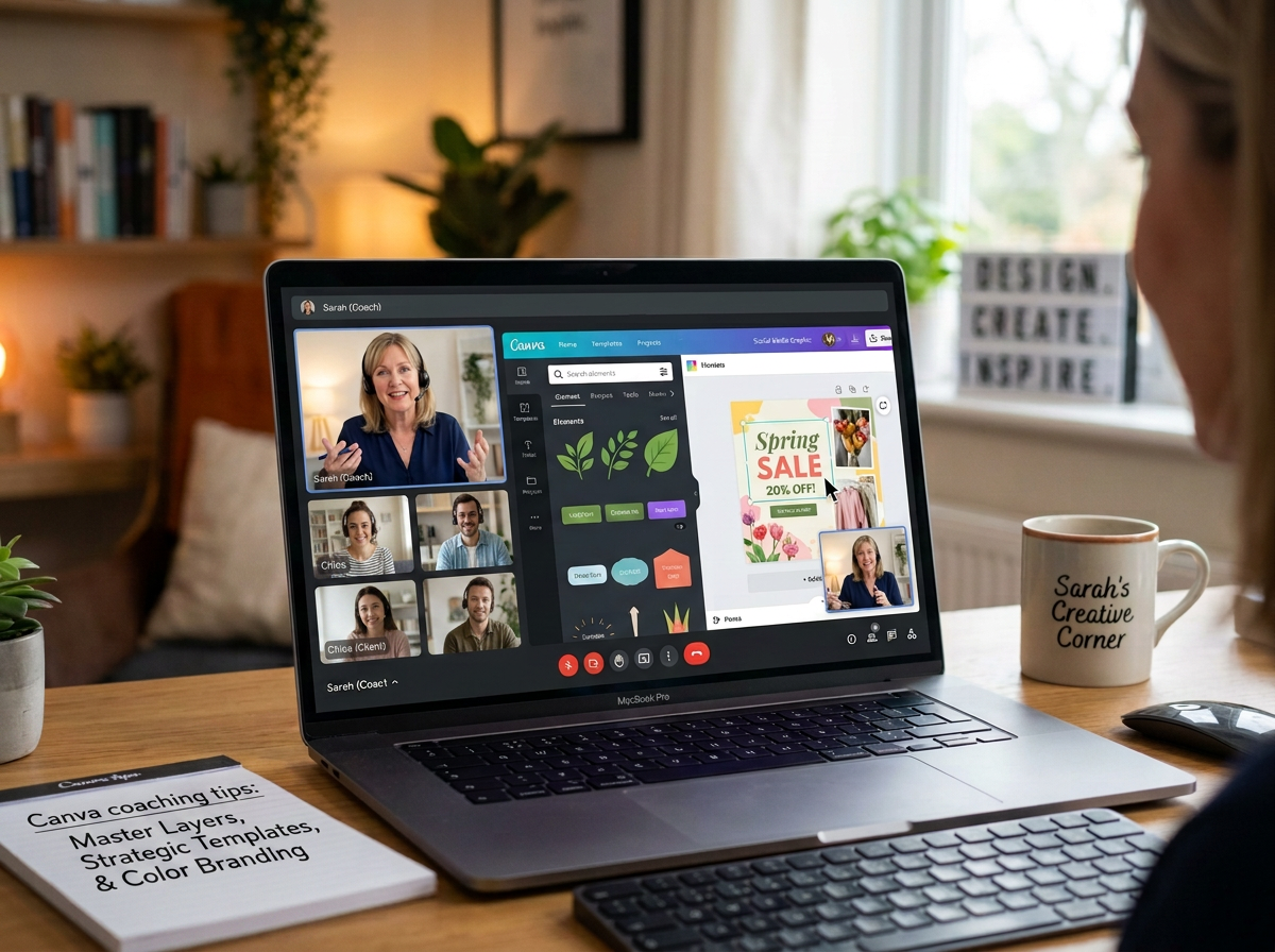 Laptop displaying a video call with two women and a design interface showing Spring Sale 20% OFF